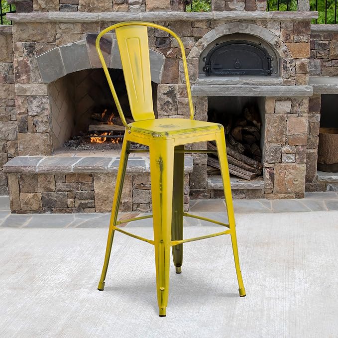 EMMA + OLIVER Commercial Grade 30" H Distressed Yellow Metal Indoor-Outdoor by EMMAOLIVER