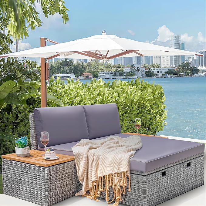 Greesum Outdoor Daybed Set Multifunctional Wicker Lounge Bed Furniture by BuynowfromGreesum