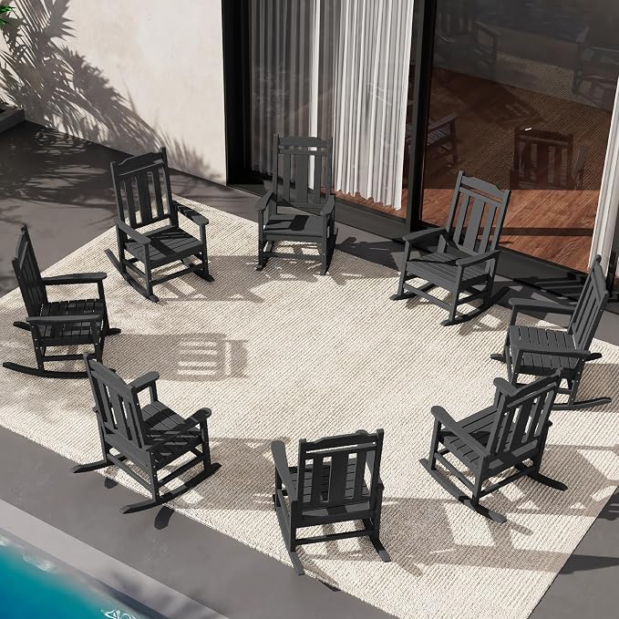 SERWALL HDPE Outdoor Rocking Chair Black Set of 8, All Weather Patio Rocking by SERWALL