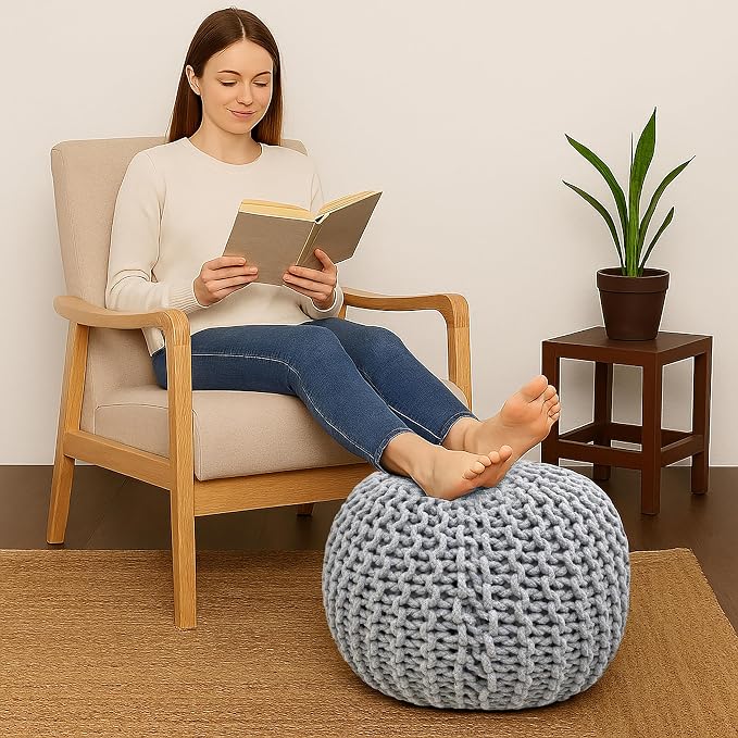 Palisa Round Ottoman Pouf Handmade Cotton Knitted Poof Bean Bag Filling | Boho - Image 4