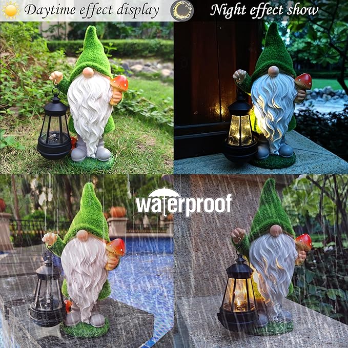Gnomes Solar Garden Statues, Resin Gnome Figurine Decorations Holding Mushroom - Image 6