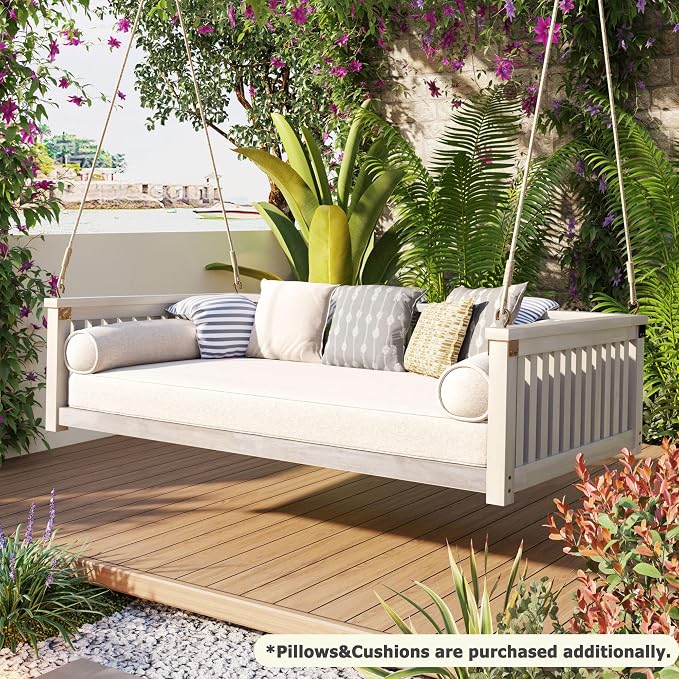 LUMISOL Twin Size Patio Swing Bed, Wooden Porch Swing Frame - Image 3