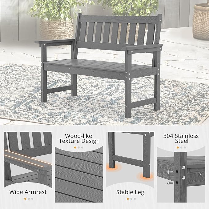 LUE BONA Outdoor Bench, 2-Person HDPS Garden Bench, Outdoor Benches Weatherproof - Image 4