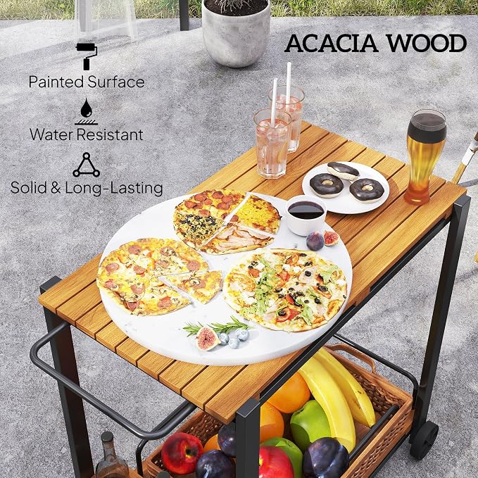 Outsunny Acacia Wood Outdoor Bar Cart, Rolling 2-Tier Outdoor Bar Table - Image 5