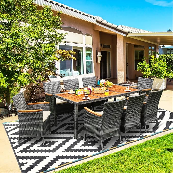 Tangkula 9 Pieces Patio Dining Set, Garden Acacia Wood and Wicker Furniture Set by TANGKULA