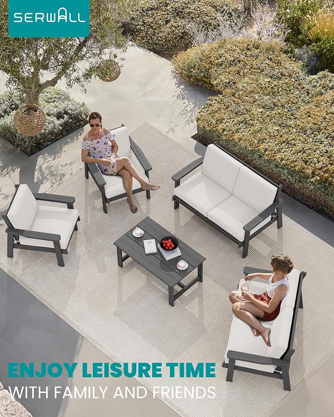 SERWALL HDPE Patio Furniture Set, 5 Piece All Weather Wood-Like Sectional - Image 2