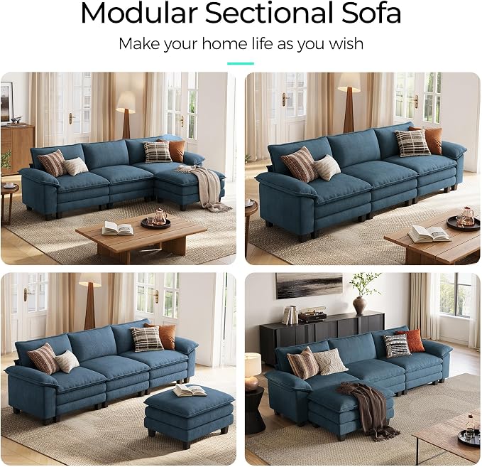 LINSY HOME 123'' Modular Sectional Sofa Blue Couch Corduroy Cloud Couches - Image 7