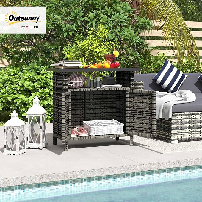 Outsunny Wicker Outdoor Storage Cabinet, Rattan Outdoor Bar Table - Image 2