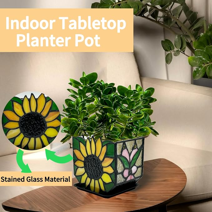 Stained Glass Sunflower Garden Planters, Indoor Plant Pots - Image 3