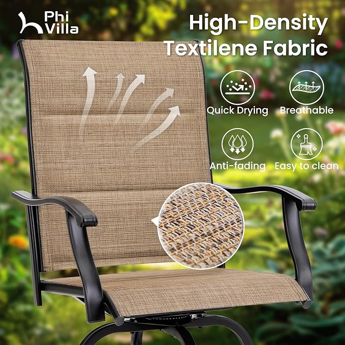 PHI VILLA 3 Piece Outdoor Swivel Bar Stools Set, Bar Height Patio Set - Image 6