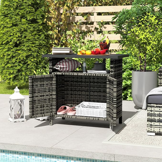 Outsunny Wicker Outdoor Storage Cabinet, Rattan Outdoor Bar Table - Image 9