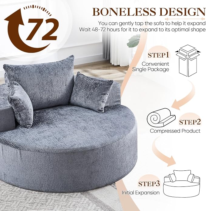 Oversized Round Chaise Longue Chair Indoor, Modern 55-inch Upholstered Chenille - Image 7