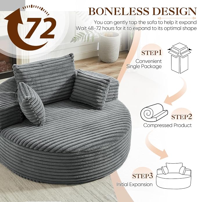 Oversized Round Chaise Longue Chair Indoor, Modern 55-inch Upholstered Corduroy - Image 7