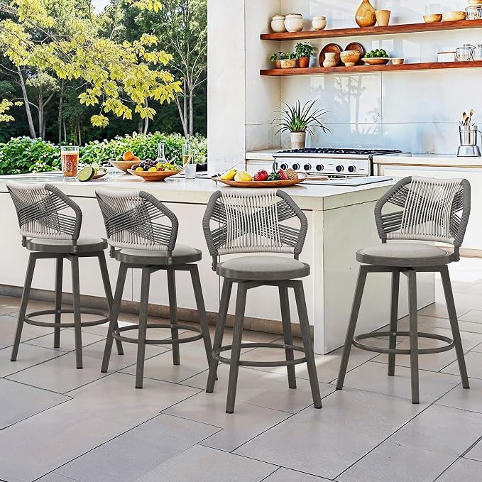 360° Swivel Outdoor Bar Stools Set of 4, Modern Aluminum Wicker Bar Stool by COZYMAN