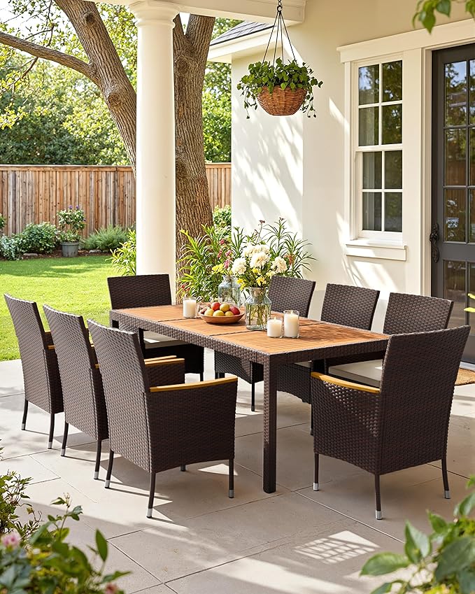 Flamaker 9 Piece Patio Dining Set Outdoor Acacia Wood Table and Chairs - Image 2