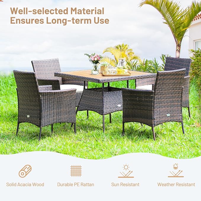 Tangkula 5 Pieces Wicker Patio Dining Set, Outdoor Acacia Wood Dining Furniture - Image 5