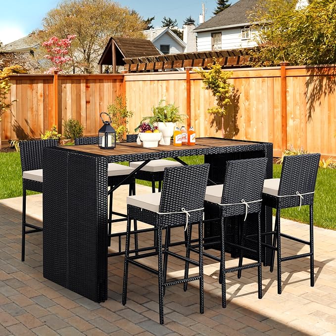 Topeakmart Outdoor Wicker Bar Table and Chairs Set, 7-Piece Patio Rattan Dining - Image 2