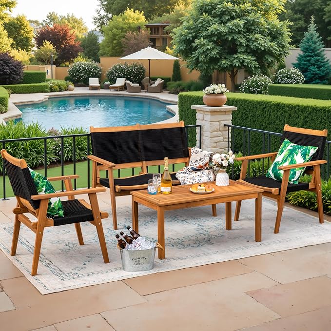 Devoko 4 Pieces Acacia Wood Patio Conversation Sets, Patio Furniture Set - Image 7