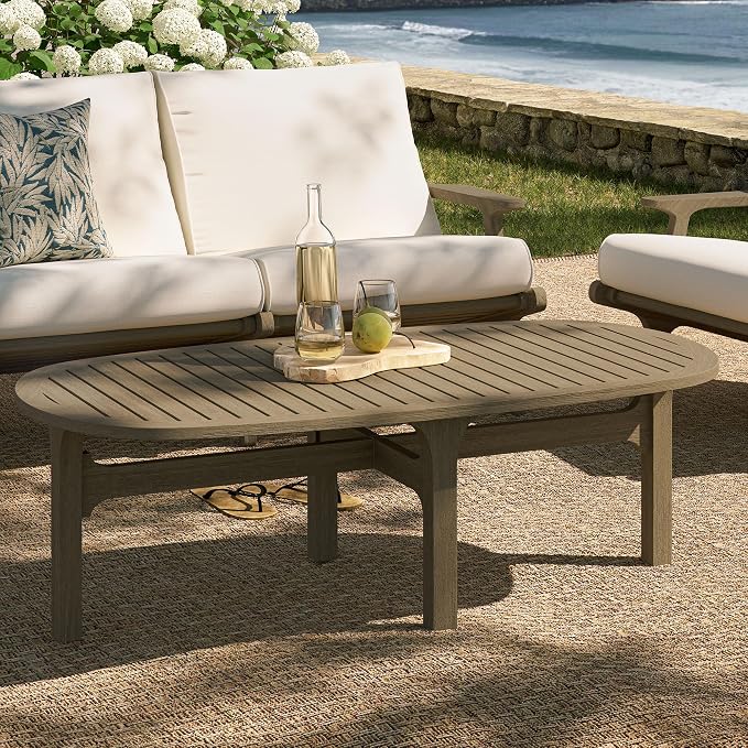 Modway Saratoga Teak Outdoor Oval Coffee Table in Weathered Gray – Low Wood - Image 2