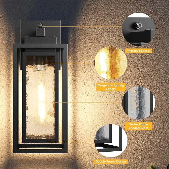 Dusk to Dawn Exterior Porch Light Fixture, Water Ripple Outdoor Wall Lantern - Image 3