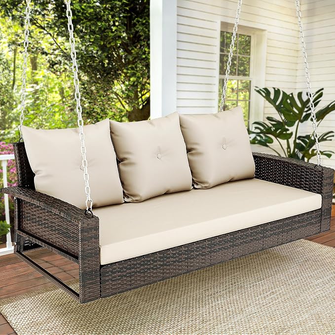 YITAHOME 3-Seats Wicker Hanging Porch Swing Chair Outdoor Gray Rattan Patio by YITAHOME