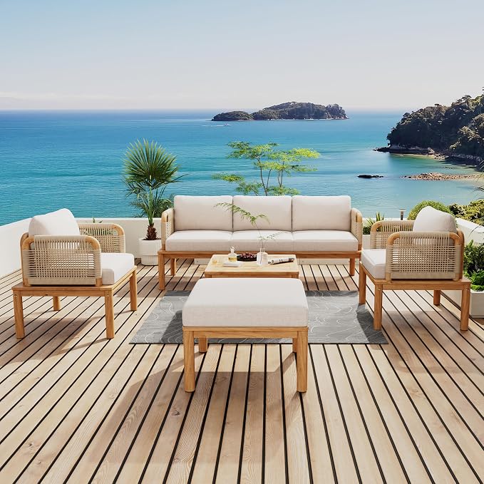 5-Piece Acacia Wood and Rope Patio Sofa Set, Outdoor Conversation Set - Image 2