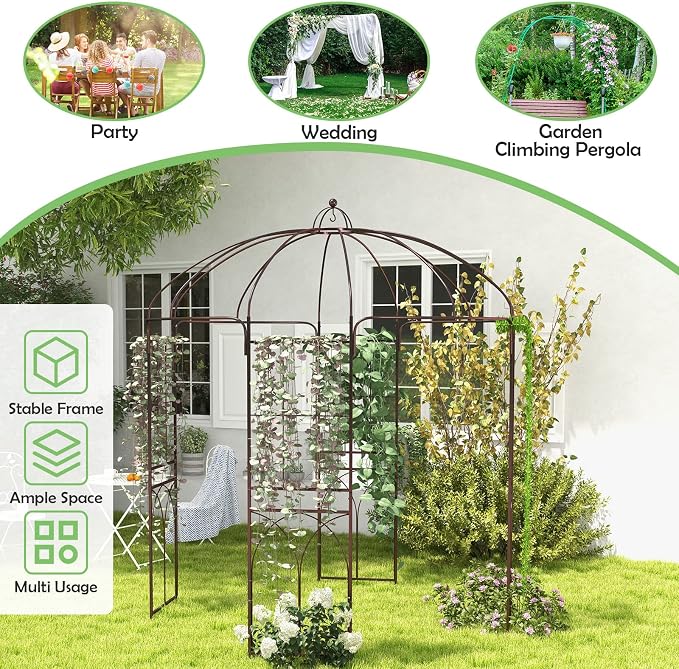 HAPPYGRILL Birdcage Shape Garden Arbor, 7 x 8.4 ft Heavy Duty Metal Garden - Image 4