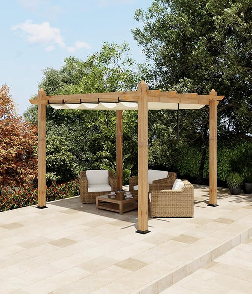 10x10 Ft Outdoor Pergola with Retractable Canopy Aluminum Imitation Wood Grain - Image 2