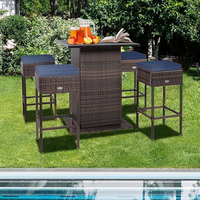 HAPPYGRILL 5 Piece Rattan Bar Set Outdoor Wicker Bar Table and 4 Bar Stools - Image 2