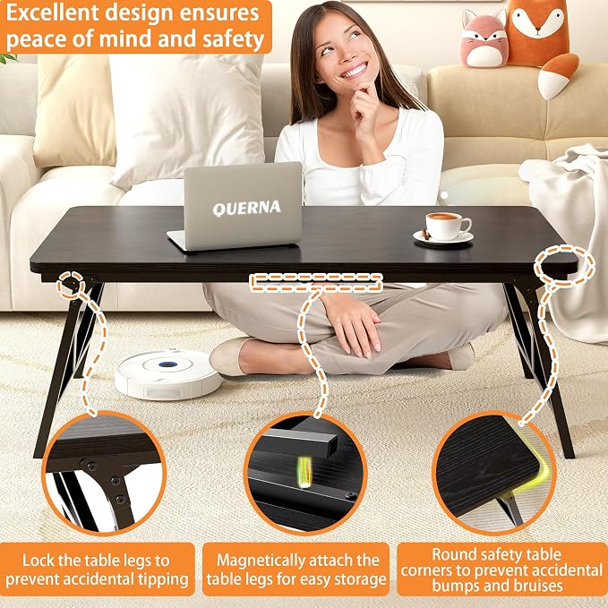 Folding Coffee Table, No Assembly Low Coffee Table, Floor Table Desk - Image 5