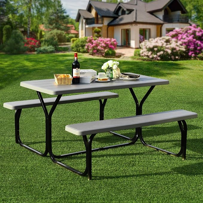 Giantex Picnic Table Bench Set Outdoor Camping All Weather Metal Base Wood-Like - Image 2