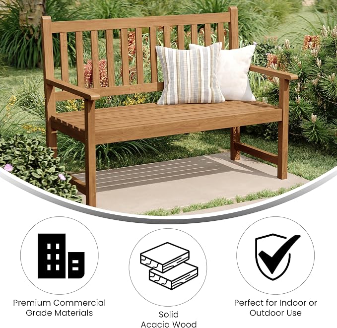 Flash Furniture Adele Commercial Indoor/Outdoor Acacia Wood Bench, 2-Person - Image 4