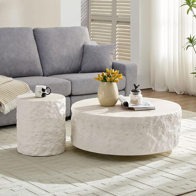 Round Coffee Table Set of 2 for Living Room Modern Drum Center Table Circle - Image 3