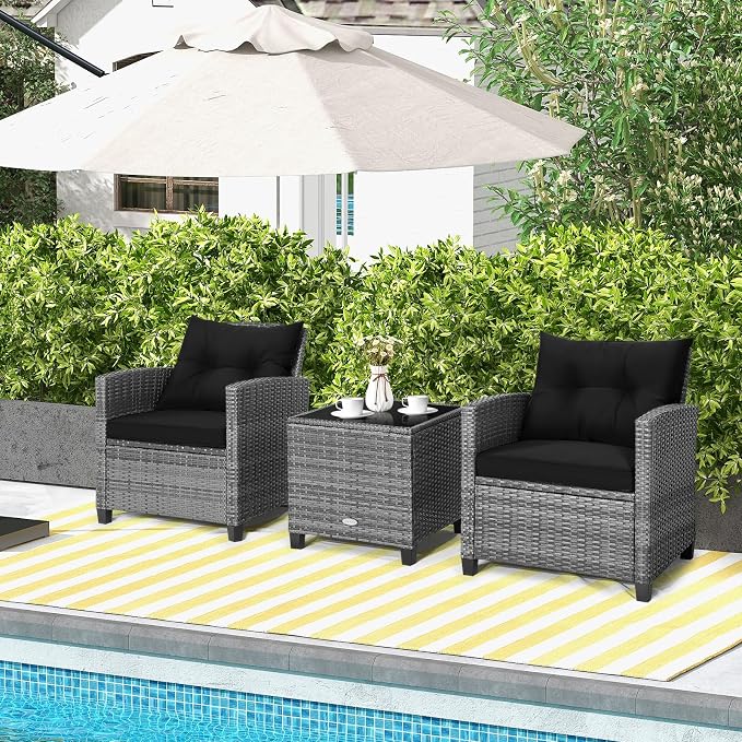 Tangkula 3 Pieces Patio Furniture Set, Outdoor PE Rattan Conversation Chair Set - Image 2