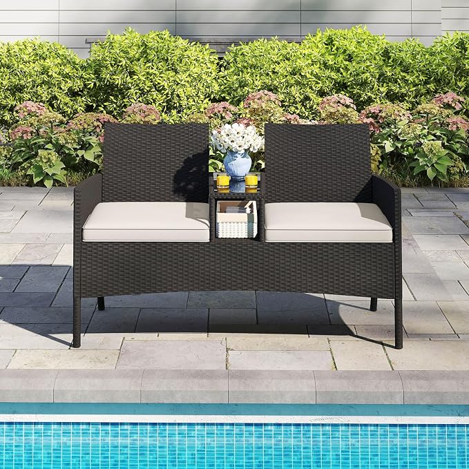 Tangkula Patio Loveseat with Built-in Table, Wicker 2-Seat Furniture with Soft - Image 4