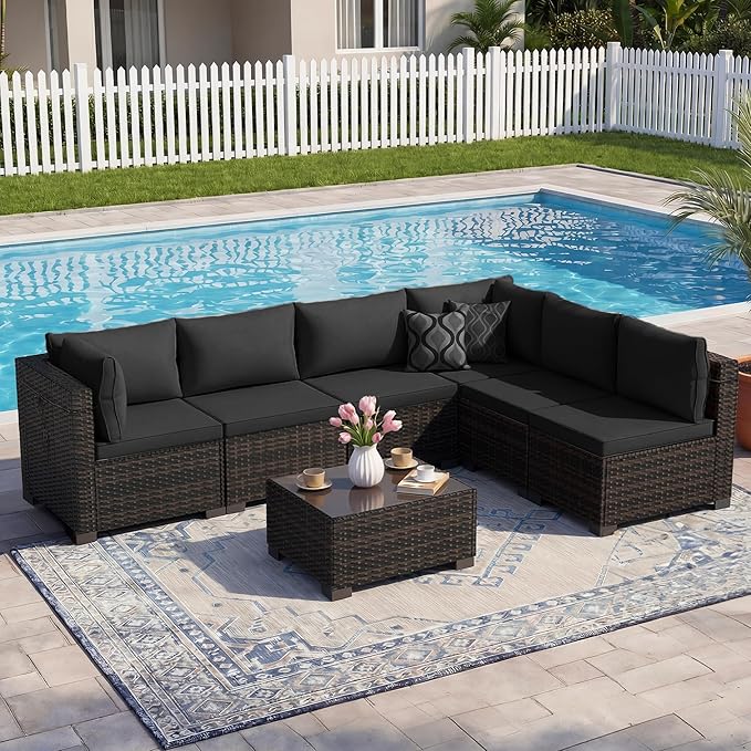 LEVELEVE 7 Pieces Outdoor Patio Furniture Sets, Rattan Conversation Sectional - Image 7