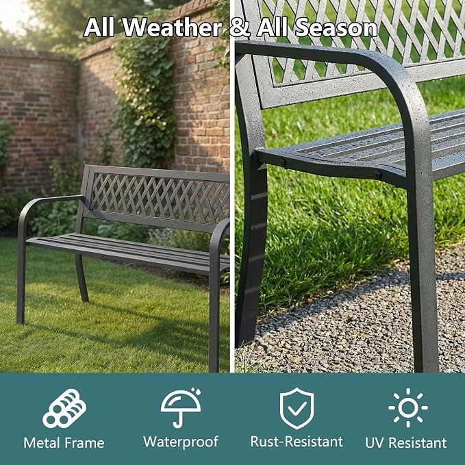 Outdoor Garden Bench, Weatherproof Metal Park Bench - Image 4