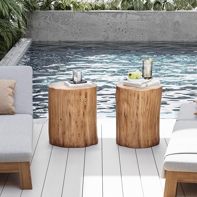 COSIEST 2 Pieses Outdoor Side Table, Hand-Painted Wood Stump Side Table Set of 2 - Image 2