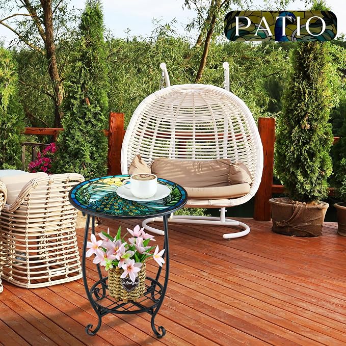Outdoor Side Table Round Small Mosaic Patio Accent Indoor End Plant Coffee Tea - Image 2