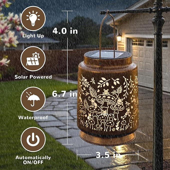 Mushroom & Frog Solar Lantern for Garden Outdoor Decor – Hanging Metal Light - Image 5