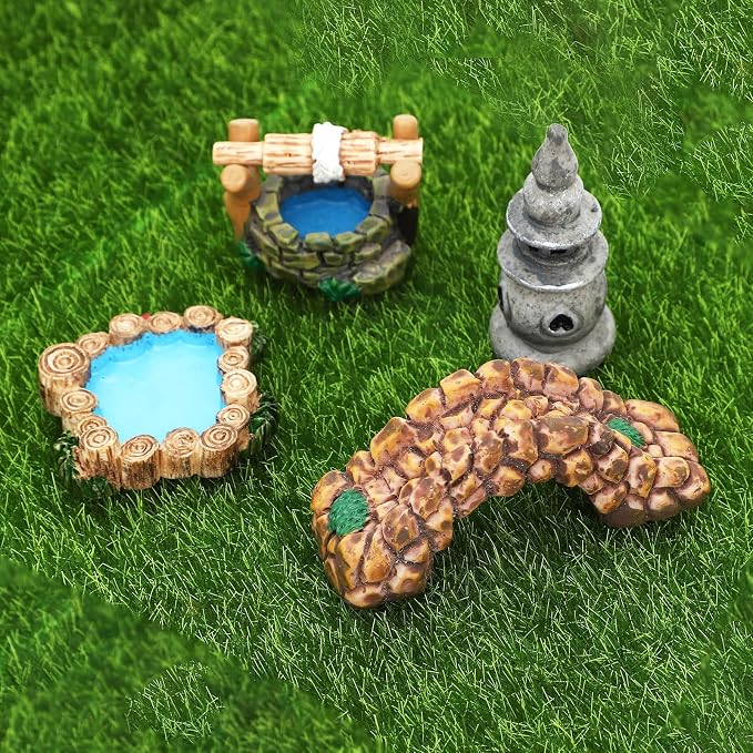 ONEST 17 Pieces Garden Miniature Accessories Mini Bridge Lighthouse Well Pond - Image 7