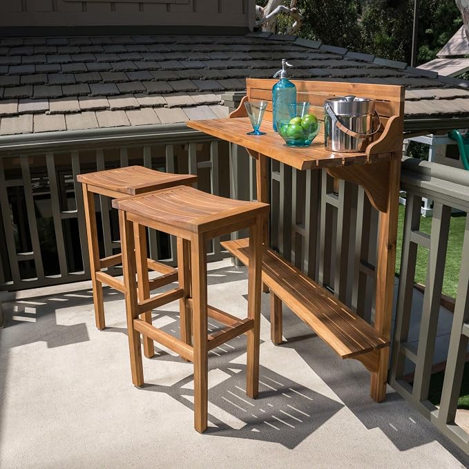 Christopher Knight Home Caribbean Outdoor Acacia Wood Balcony Bar Set, 3-Pcs Set - Image 2