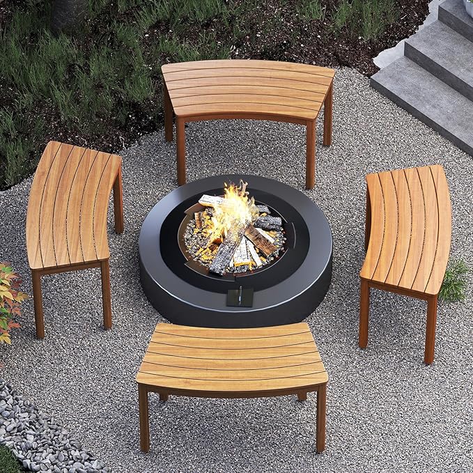 Tangkula Acacia Wood Outdoor Curved Bench Set of 4, Patio Garden Backless Fire by TANGKULA