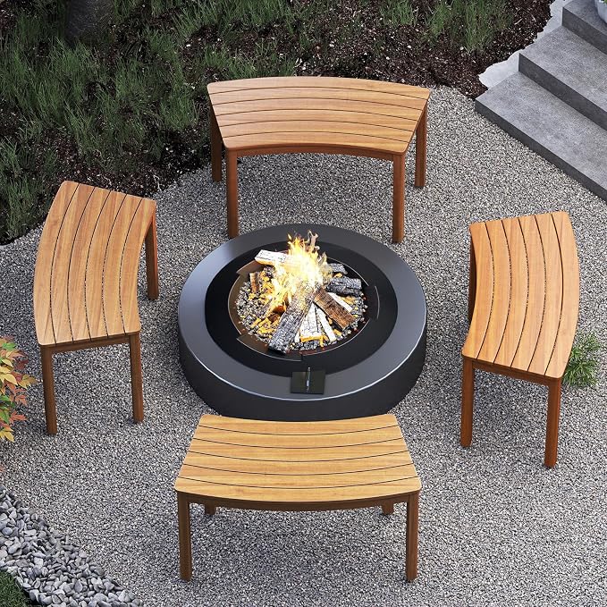 Tangkula Acacia Wood Outdoor Curved Bench Set of 2, Patio Garden Backless Fire - Image 4