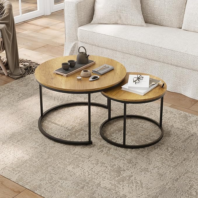 Smuxee Nesting Coffee Table Set of 2, 27.6" Round Coffee Table Wood Grain Top - Image 9
