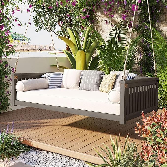 LUMISOL Patio Twin Size Swing Bed, Wooden Porch Swing Frame by LUMISOL