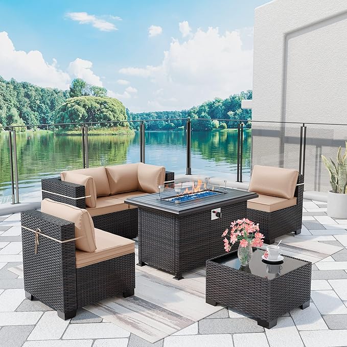 Outdoor Patio Furniture with Fire Pit Table, 6 Pieces Outdoor Furniture Patio by ASJMR