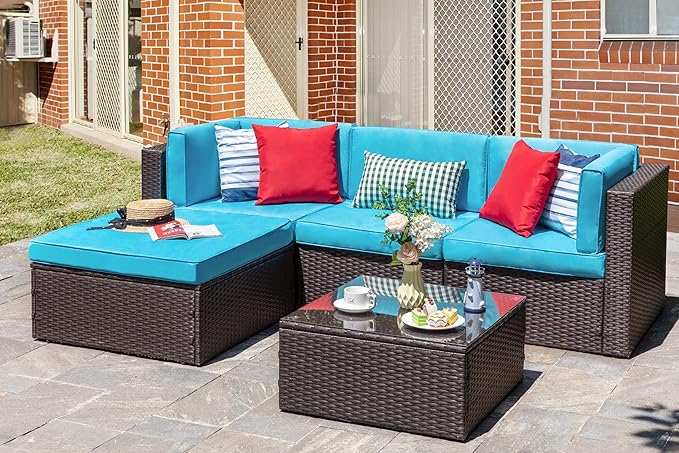 Vongrasig 5 Piece Furniture Sets, All-Weather Brown PE Wicker Outdoor Couch by Vongrasig
