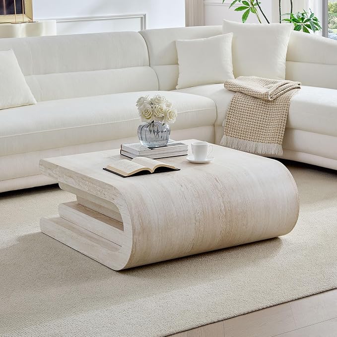 Square Coffee Table 33.86" Faux Marble Pattern Wood Center Table - Image 4
