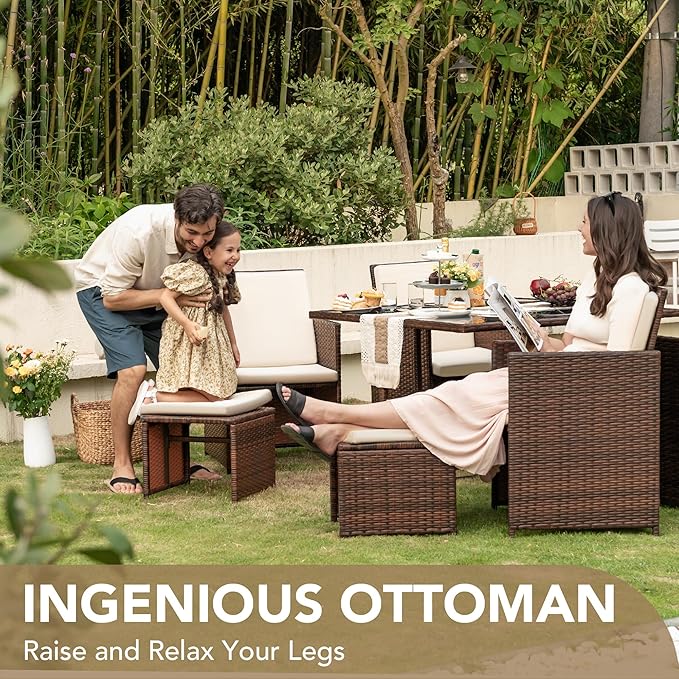 Devoko 9 Pieces Patio Dining Sets Outdoor Space Saving Rattan Chairs - Image 7
